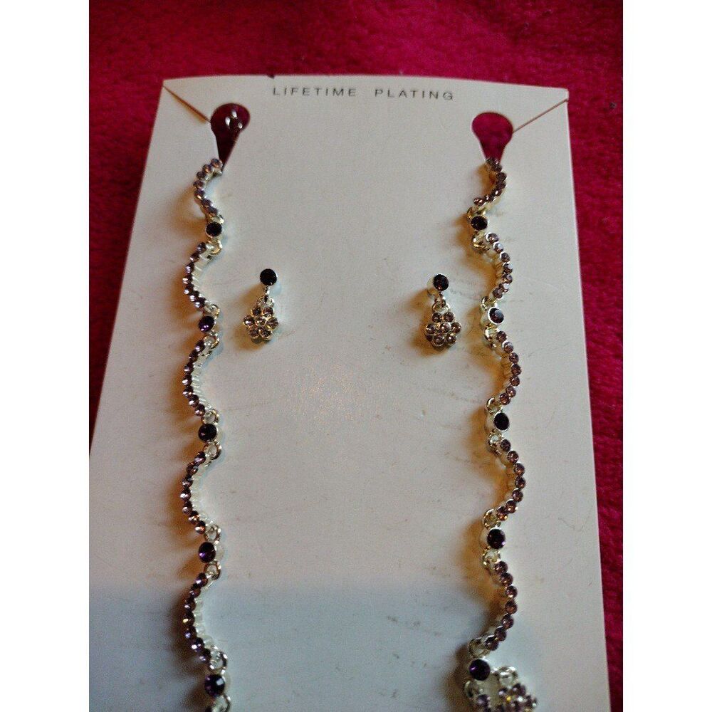 Austrian Purple and Clear Crystal Necklace and Earrings Set Titanium Post